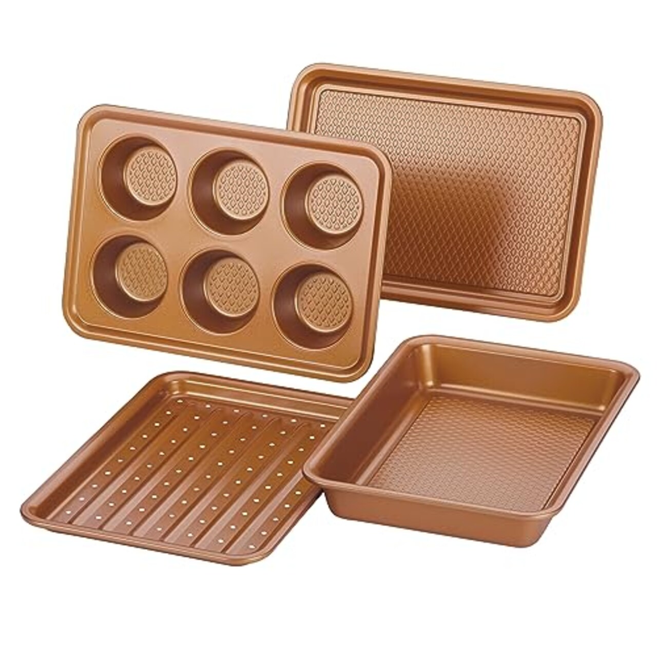 4 Piece Nonstick Bakeware Toaster Oven Set with Nonstick Baking Pan, Cookie Sheet / Baking Sheet and Muffin Pan / Cupcake Pan - , Copper Brown